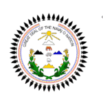 Emblem featuring birds, mountains, and a sun with symbolic script.