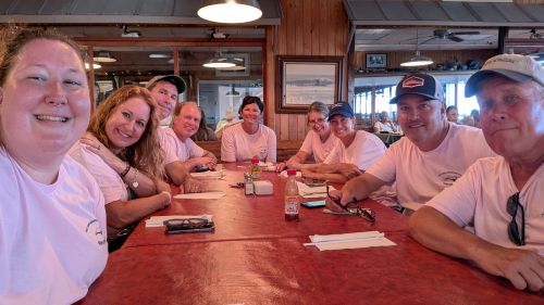 Group of friends enjoying a meal together at a cozy restaurant.