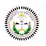 Emblem featuring birds, mountains, and a sun with symbolic script.