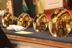 Shiny brass musical instruments lined up on a table.