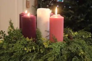 Three lit candles surrounded by greenery, evoking a festive atmosphere.